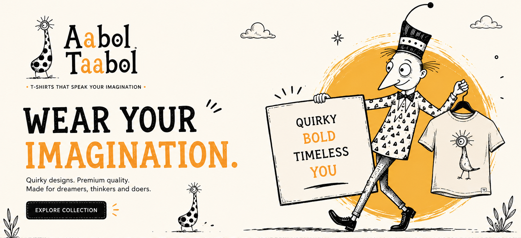 Promotional banner for Aabol Taabol t-shirts with a cartoon character holding a t-shirt and text 'Wear Your Imagination'.